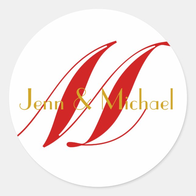 Adesivo Redondo Casamento Noivo Monograma Vermelho e Dourado Selo (Frente)