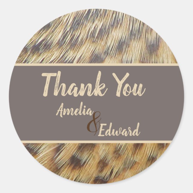 Adesivo Redondo Casamento Obrigado Animal Print Feather Guest (Frente)