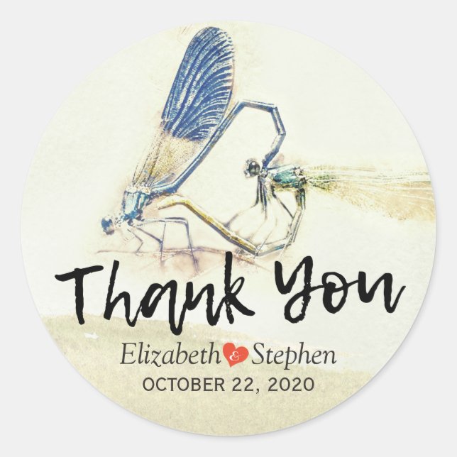 Adesivo Redondo Casamento Obrigado Chic Dragonfly Mating Love Hear (Frente)