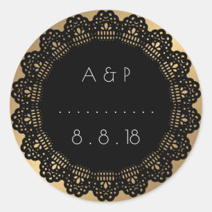 Adesivo Redondo Casamento Obrigado Favor Sticker Dourado Lace Negr