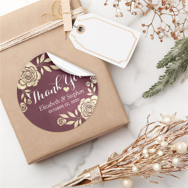 Adesivo Redondo Casamento Obrigado Ouros Modernos Rosas Borgonha V