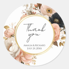 Adesivo Redondo Casamento “Obrigado” Personalizado com Floral Eleg