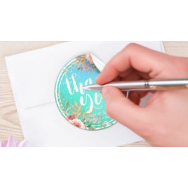 Adesivo Redondo Casamento Obrigado Ponto Dourado do Teal Floral Ro