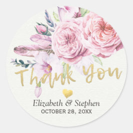 Adesivo Redondo Casamento Obrigado Watercolor Boho Floral Feather