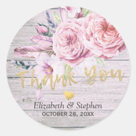 Adesivo Redondo Casamento Obrigado Watercolor Floral Rustic Wood