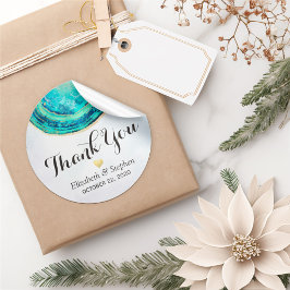 Adesivo Redondo Casamento Obrigado Watercolor Teal Dourado Agate G
