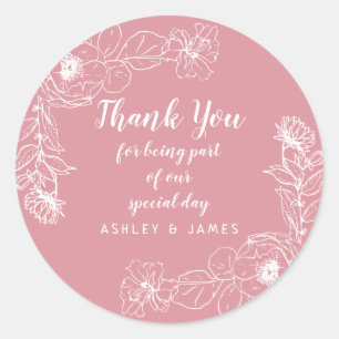 Adesivo Redondo Casamento Obrigado White Floral Rosa Rosa