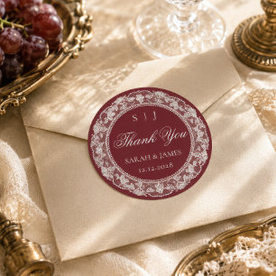 Adesivo Redondo Casamento Old Money Burgundy Branco Renda Obrigado