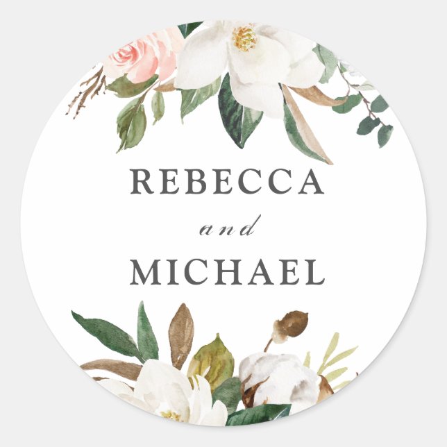 Adesivo Redondo Casamento ou Festa de noivado de Flores Brancas e  (Frente)