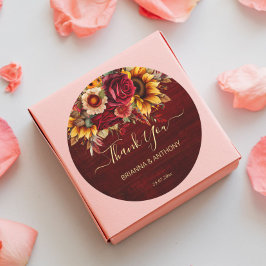 Adesivo Redondo Casamento outono burguns rosas girassóis obrigado 