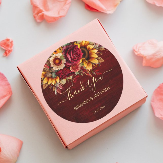 Adesivo Redondo Casamento outono burguns rosas girassóis obrigado  (Criador carregado)