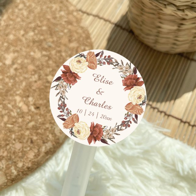 Adesivo Redondo Casamento outono Floral Wreath (Fall Rustic Boho Wedding Sticker, Gift Label, Round sticker.)
