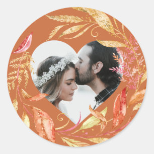 Adesivo Redondo Casamento outono Foliage Heart Photo Burnt Orange