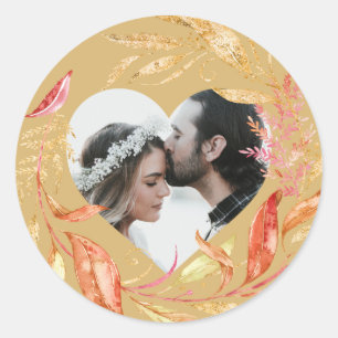 Adesivo Redondo casamento outono Foliage Heart Photo Dourado Yello