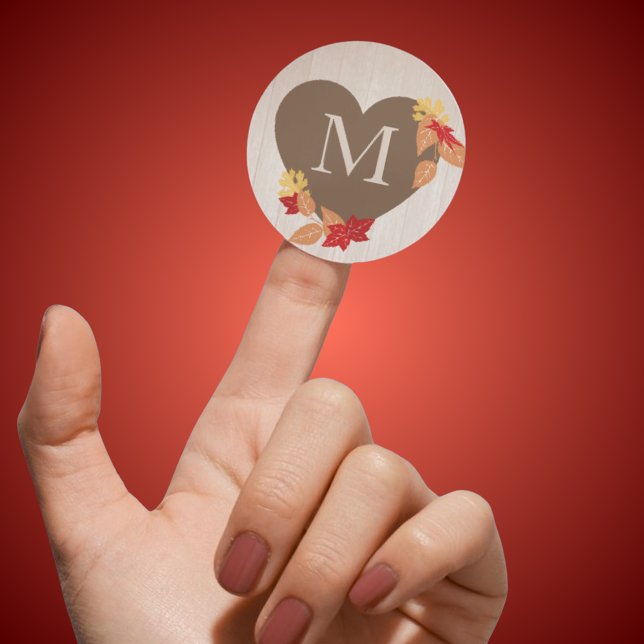 Adesivo Redondo Casamento outono monograma ou Chá de panela (Fall Leaves Monogram Heart Stickers for Fall Wedding, Fall in Love Bridal Showers & More!)