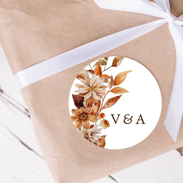 Adesivo Redondo Casamento outono Rustic Sticker (Rustic Fall Watercolor Floral Wedding Sticker Monogrammed by Painted Paperie)