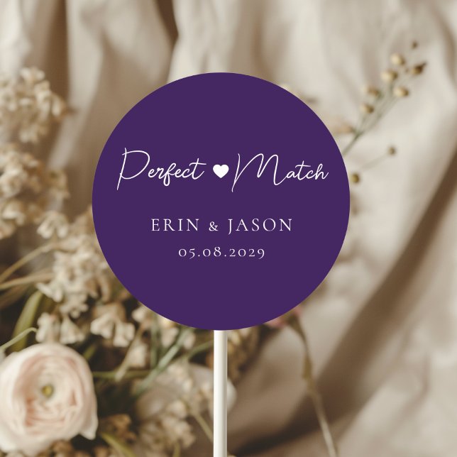 Adesivo Redondo Casamento perfeito! Roxo, simples, elegante (Perfect Match! Purple, Elegant, Simple, Heart, Classic, Round, Wedding Sticker.)