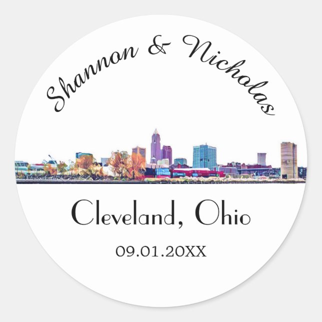 Adesivo Redondo Casamento Personalizado Cleveland Skyline (Frente)