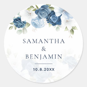 Adesivo Redondo Casamento Personalizado com Floral em Aquarela Azu