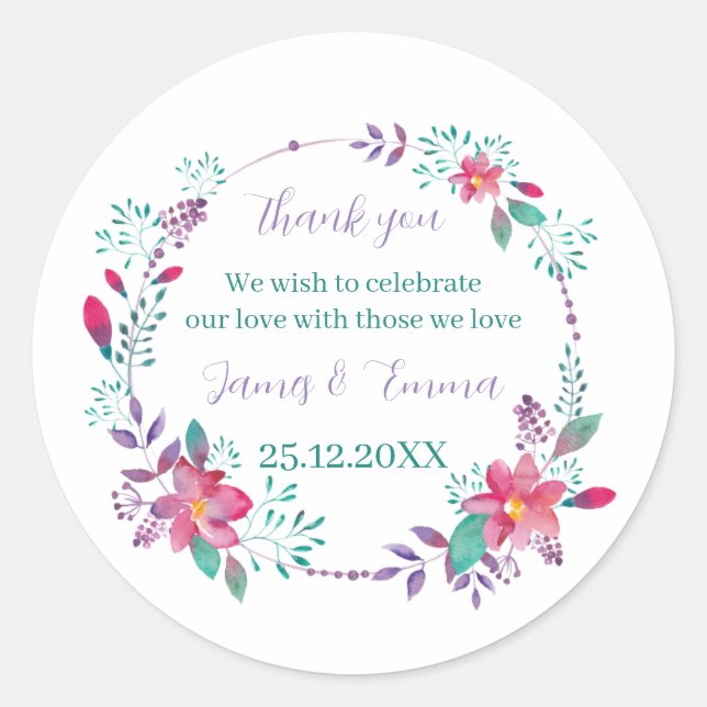 Adesivo Redondo Casamento Personalizado Da Árvore Roxa Elegante (Frente)