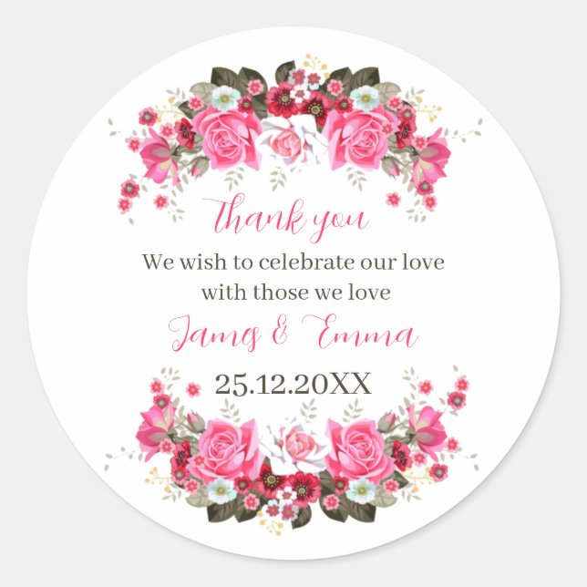 Adesivo Redondo Casamento Personalizado Da Flor De Rosa Elegante (Frente)