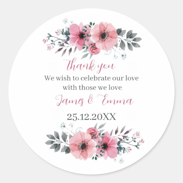 Adesivo Redondo Casamento Personalizado Da Flor De Rosa Elegante (Frente)