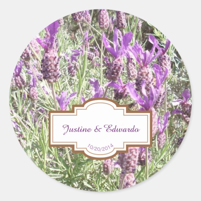 Adesivo Redondo Casamento Personalizado das Flores de Lavanda Fran (Frente)