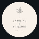 Adesivo Redondo Casamento Personalizado De Arte De Linha De Árvore<br><div class="desc">Ecru Ecru Palm Tree Line Art Elegante Clássico De Casamento Personalizado</div>
