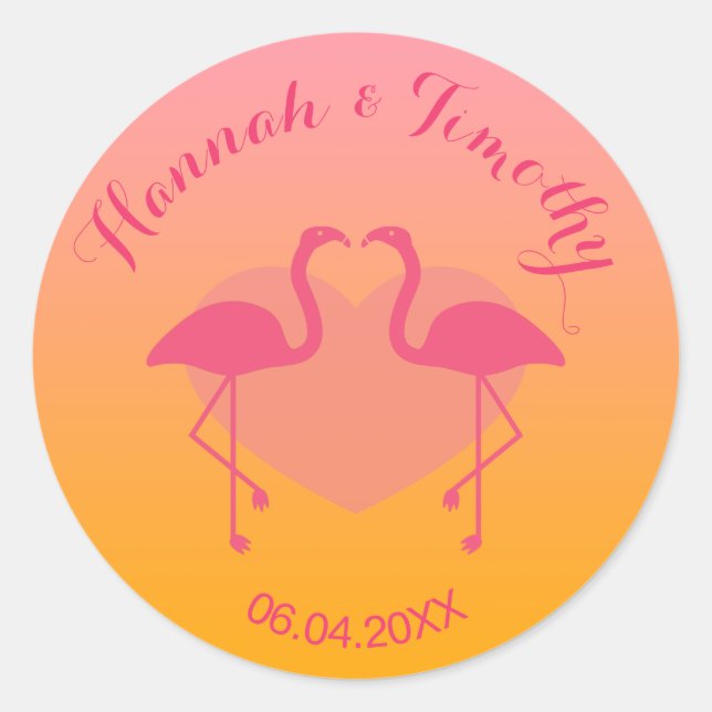 Adesivo Redondo Casamento Personalizado De Aves Flamingo Rosa (Frente)