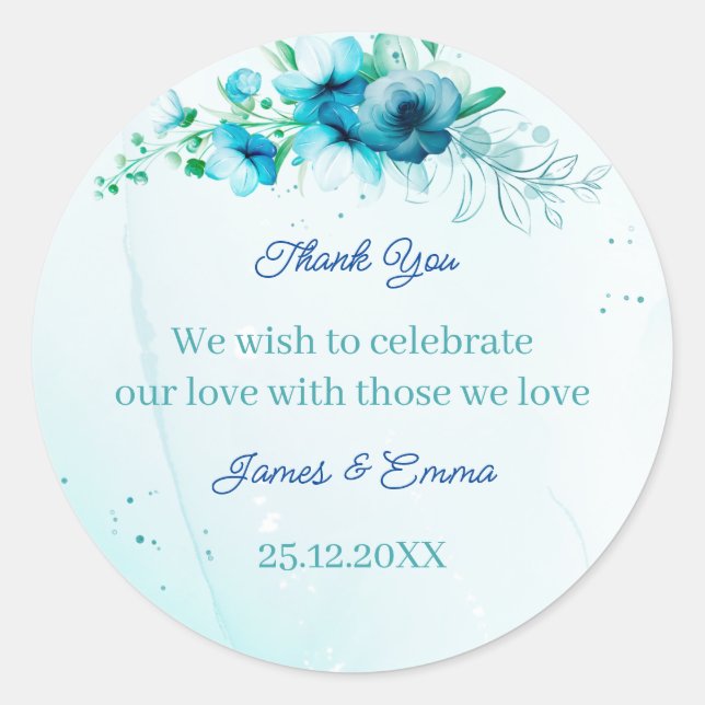 Adesivo Redondo Casamento Personalizado de Flor Azul Elegante (Frente)