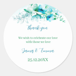 Adesivo Redondo Casamento Personalizado de Flor Azul Elegante