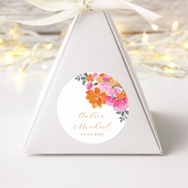 Adesivo Redondo Casamento Personalizado De Verão Floral Laranja Vi (Criador carregado)