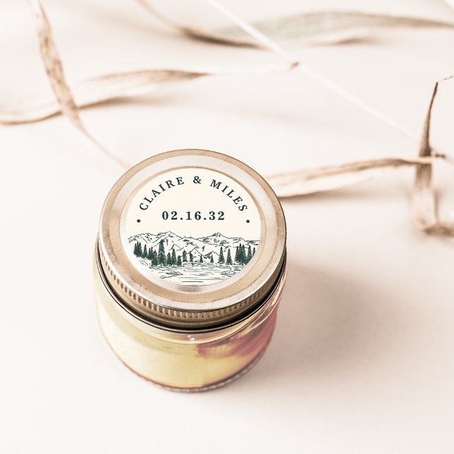 Adesivo Redondo Casamento Personalizado Do Esboço Da Montanha Verd (Criador carregado)