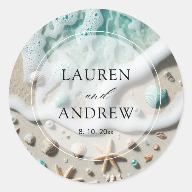 Adesivo Redondo Casamento Personalizado do Oceano Costeiro de Prai (Frente)