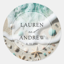 Adesivo Redondo Casamento Personalizado do Oceano Costeiro de Prai