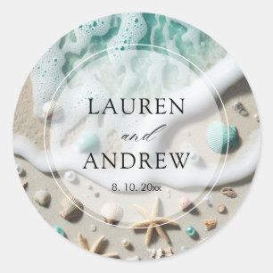 Adesivo Redondo Casamento Personalizado do Oceano Costeiro de Prai
