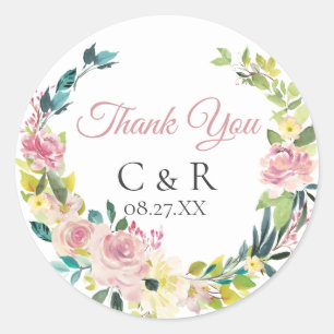 Adesivo Redondo Casamento personalizado do rosa grinalda floral