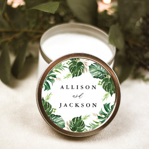 Adesivo Redondo Casamento Personalizado Dourado Folhas Tropicais M
