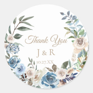 Adesivo Redondo Casamento Personalizado Dusty Blue Floral Wreath