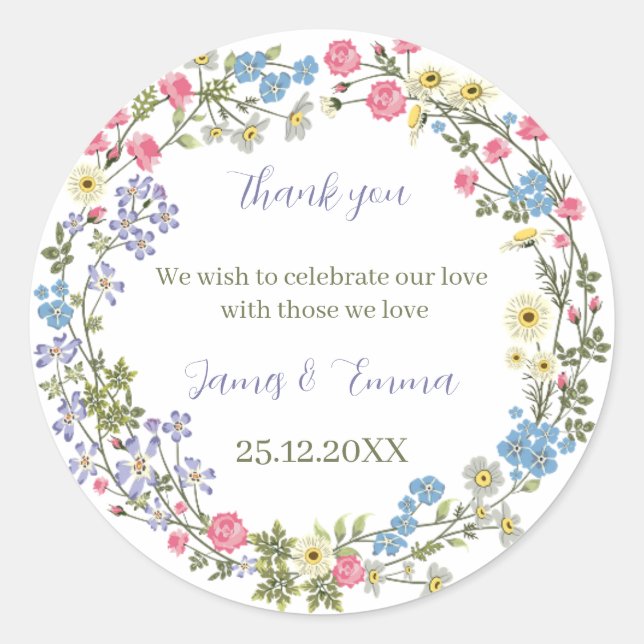 Adesivo Redondo Casamento Personalizado Floral Elegante (Frente)