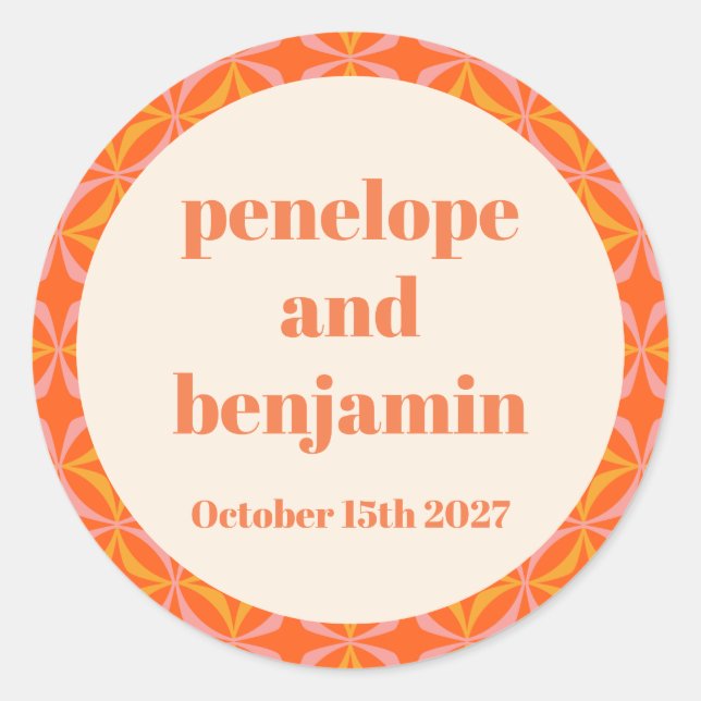 Adesivo Redondo Casamento Personalizado Laranja Moderno do meio sé (Frente)