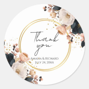 Adesivo Redondo Casamento Personalizado “Obrigado” Floral Elegante