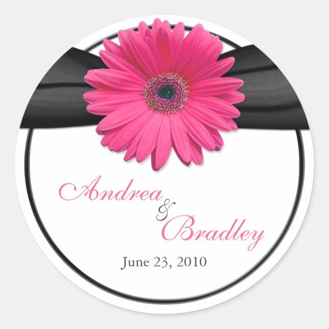 Adesivo Redondo Casamento Personalizado Pink Gerbera Daisy Black (Frente)