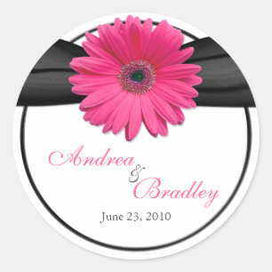 Adesivo Redondo Casamento Personalizado Pink Gerbera Daisy Black