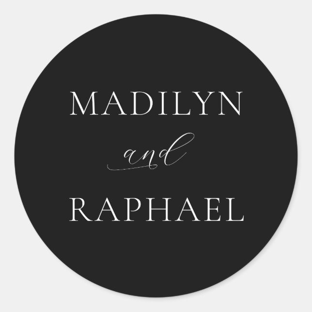 Adesivo Redondo Casamento Personalizado Preto-Branco Simples e Min (Frente)