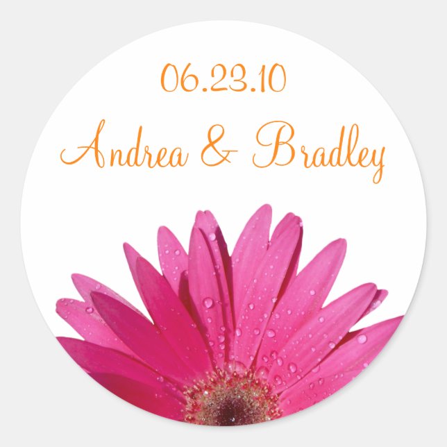 Adesivo Redondo Casamento Personalizado Rosa Gerbera Daisy Orange (Frente)