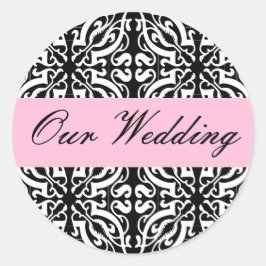 Adesivo Redondo Casamento - Personalizável (Black & White Damask)