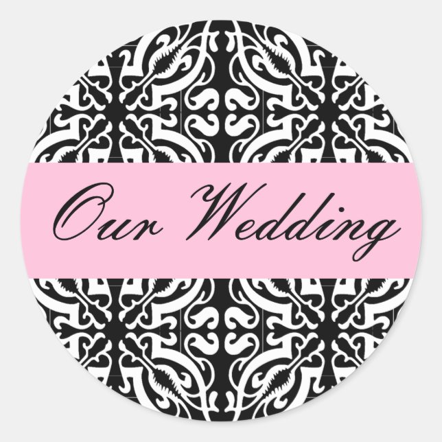 Adesivo Redondo Casamento - Personalizável (Black & White Damask) (Frente)