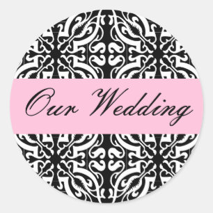 Adesivo Redondo Casamento - Personalizável (Black & White Damask)