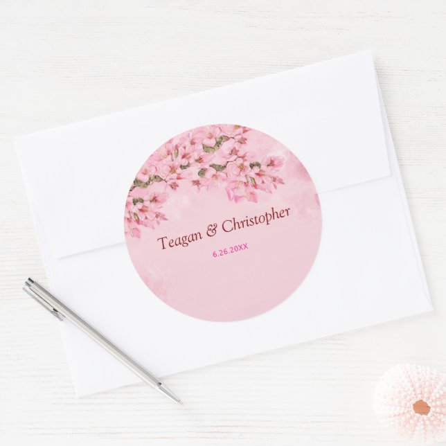 Adesivo Redondo Casamento Pink Cherry Blossoms (Envelope)